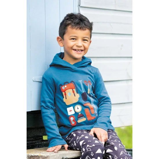 Top Frugi Campfire Hooded Top UNISEX Loch Blue and Hiking